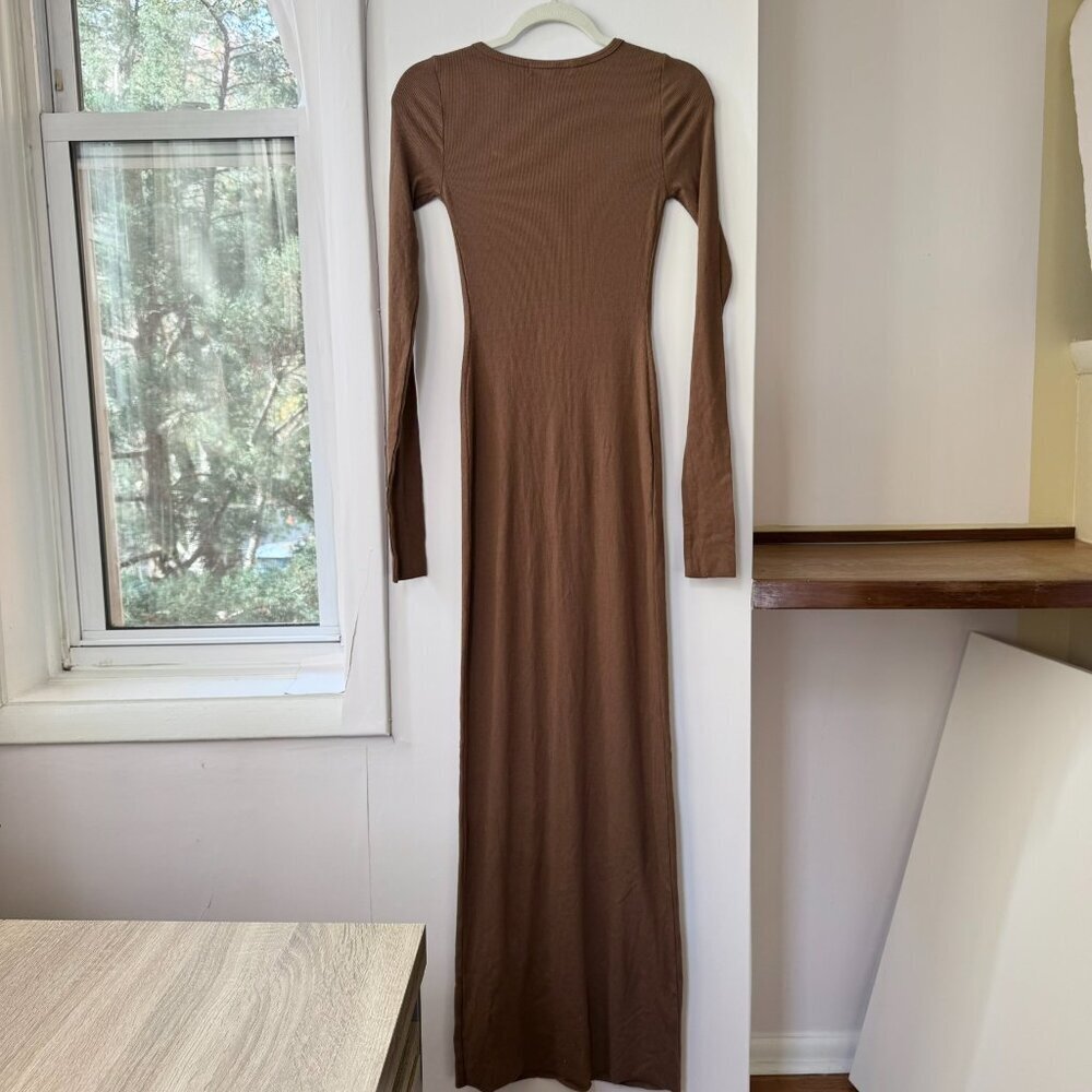 Eterne Square-Neck Long Sleeve Butter Rib Maxi Dress Earth Brown Small - Picture 10 of 11